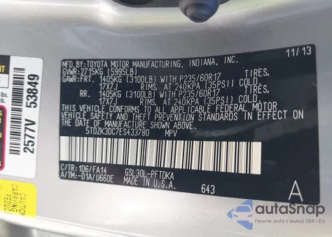 2014 Toyota Sienna L V6 7 Passenger from USA, damaged, VIN 5TDZK3DC7ES433780